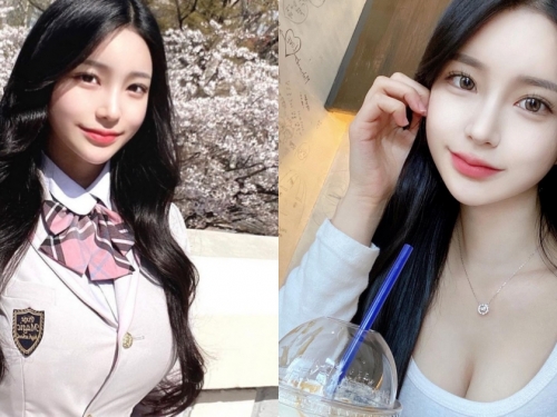 高校制服正妹「喝飲料現深溝」，「豐滿的車頭燈」好凸出呢！