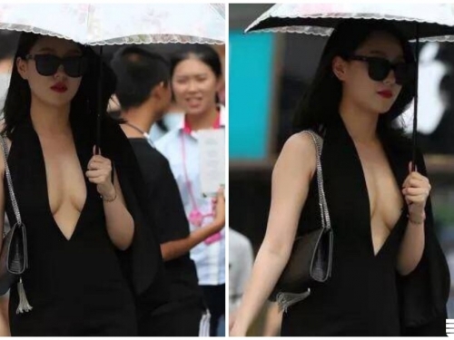 好噴血！爆奶妹逛街「中路大開」，深V八字奶「堅挺到太犯規」！