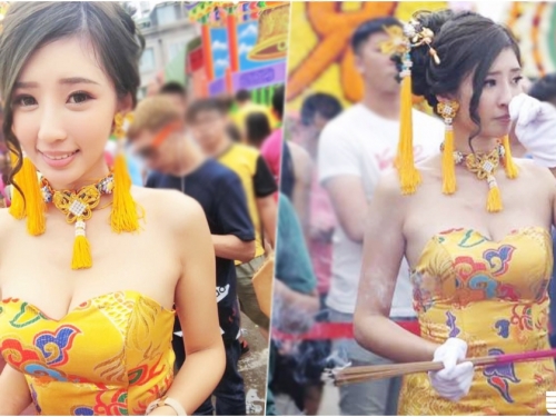 廟會現場驚見「氣質爆乳正妹」！貼身低胸禮服「霸氣乳量外漏」！信徒都要暴走啦！