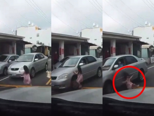 女童過馬路3度閃過死神！ 撞車「翻圈倒地」驚悚影片曝