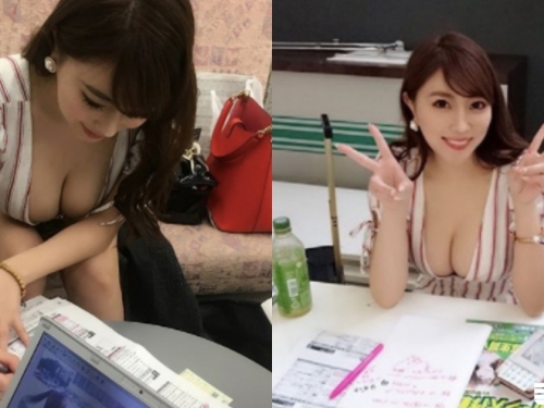 辦公室驚見「巨乳同事」低頭寫文案，「超深V大奶」根本裝不下，隨時都有走光危機呀...