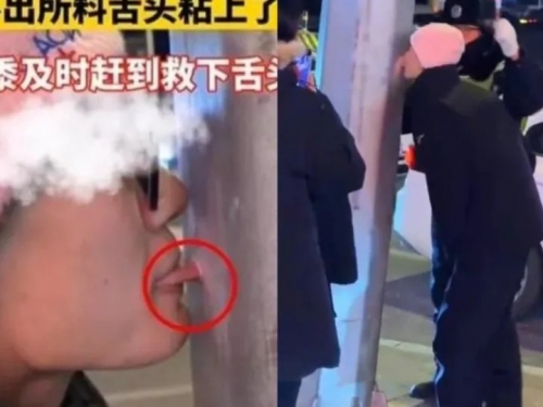 陸男不信邪！在零下「伸舌頭舔燈桿」 下秒慘被黏死急哭了
