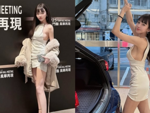 該換車啦！絕美業務「小八」白洋裝展示，「渾圓側乳」無敵性感！