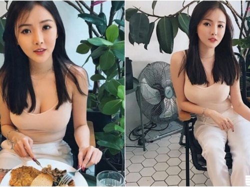「氣質奶妹」大吃美式早餐！「爆乳背心」擋不住曼妙曲線！好想坐她對面！