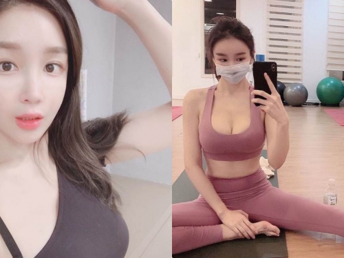 辣！美乳運動正妹「戴口罩拉筋」，誘惑乳溝看了超明顯！