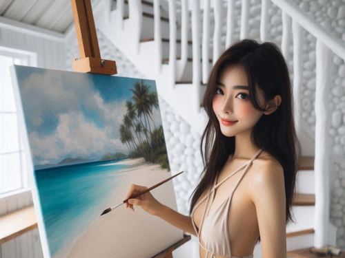 A bikini girl who likes to draw in her room
