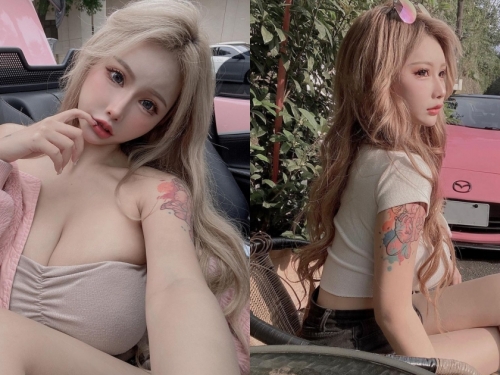 超狂粉紅跑車「爆乳女車主」艾妃Aifei，前凸後翹性感惹火，網友：好想上車啊！