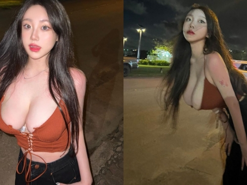 21歲「白皙巨乳嫩妹」關島度假穿好辣！路邊「彎腰倒奶」小背心包不住啦！