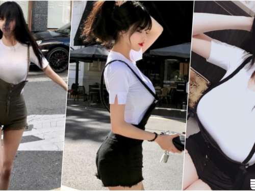 衣服要掉了！「吊帶褲奶妹」街頭跑跑跳跳！胸前豐滿撐開上衣裡面是黑色的！