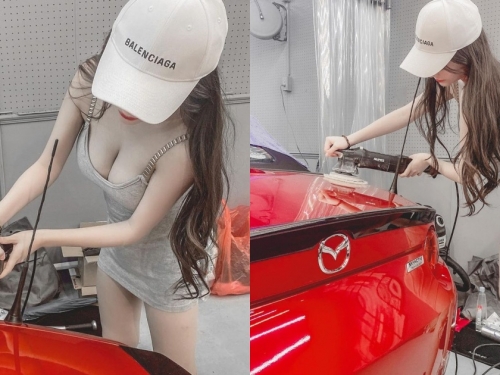 白皙長腿妹「彎腰爆乳」替汽車美容！「超火辣F奶」呼之欲出，網友大讚：想一起拋光