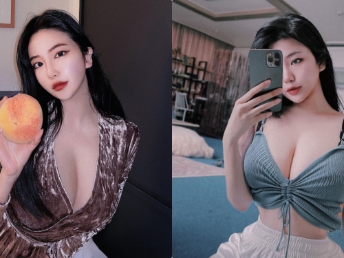手拿蜜桃的「豐滿美乳正妹」，「大顆車頭燈」有夠誘惑！