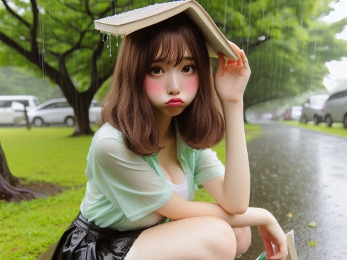 被雨淋濕的妹子嘟嘴巴