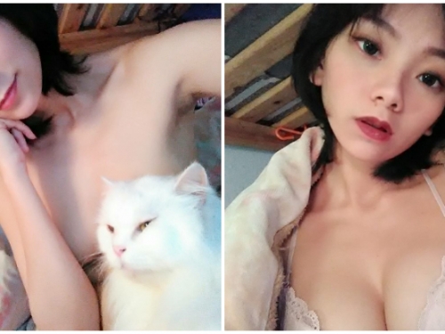 主子忠心護奴才！「性感正妹」上空抱貓皇巧妙遮點，好想跟那隻喵星人換位子啊！