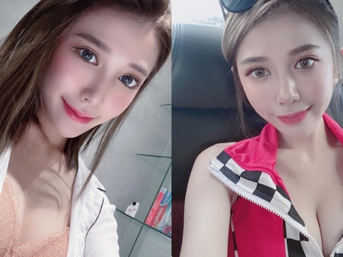 賽車場大眼甜心「Karen Huang」，拉鍊一拉「Q彈雪乳」好養眼啊！