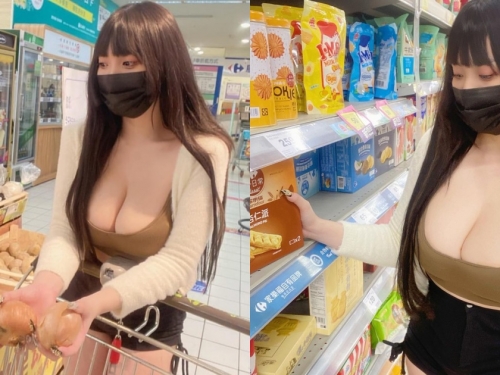 F奶巨乳運動員「低胸逛超市」！濃濃乳香藏不住，熱褲下「白嫩美腿」若隱若現！