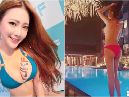 真的辣！「圓嫩白乳正妹」池畔戲水！比基尼露「白皙美背」線條太誘人了啦！
