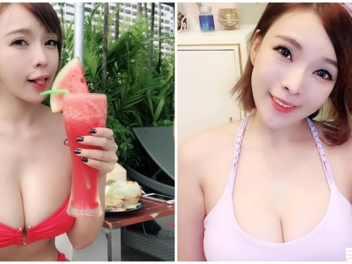 牛奶兒「爆奶喝西瓜汁」，滿滿的乳能量四溢，胸前兩顆真的太搶鏡～
