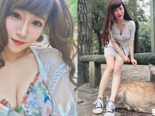 連小鹿都害羞了～大眼正妹「爆乳洋裝出遊」不但長輩超兇，長腿也讓路人好想偷瞄呀～