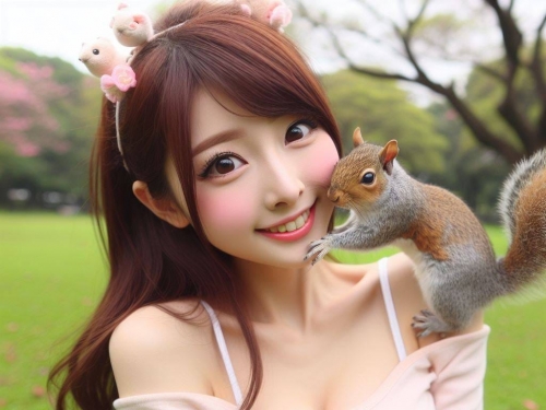 和松鼠嬉戲的美女