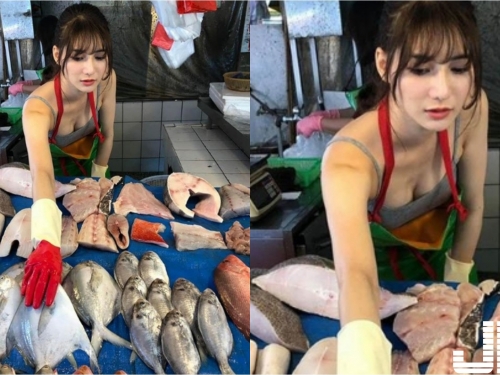 捕獲超正「魚販正妹」 劉芃芃，低胸背心大露深溝 真的是市場最美風景...