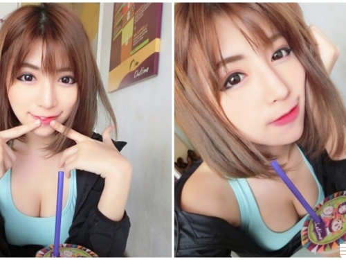 俏皮短髮女甜心！　穿「低胸背心」喝飲料，「飽滿深溝」真的好挺喔！