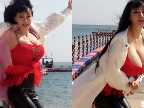 比臉還大！「巨無霸漢堡包」Ｆ奶妹海邊狂跳！解放豪乳像「快爆炸」一樣...