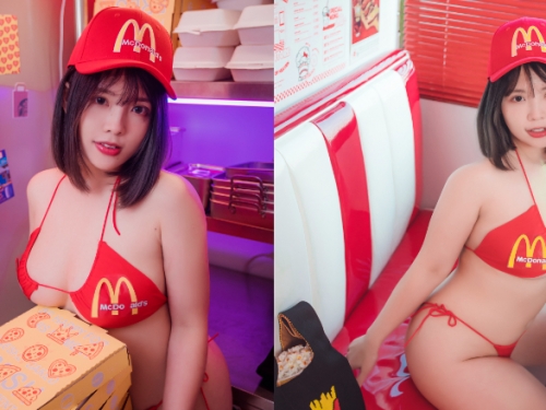 來一份XXXL套餐！甜萌店員端上「巨無霸奶堡」還親餵到嘴裡