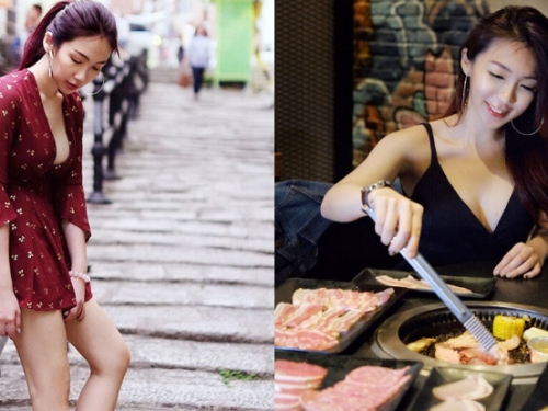 「美乳正妹」穿深V低胸上街　白皙奶球竟然掉出！露出渾圓飽滿水滴奶！