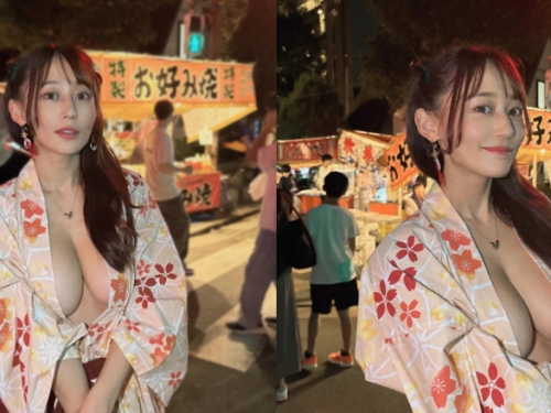 夏天就是要逛祭典！日本妹子浴衣敞開露人字巨乳逛攤販