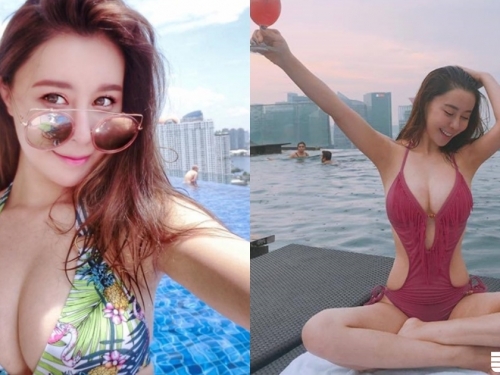 超火！比基尼「低胸美乳爆出」！「兩團渾圓」讓人在泳池裡直不起腰！