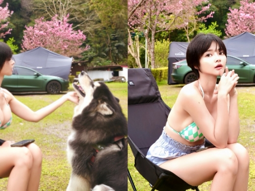 鹿林道見性感女孩「A栗」，「露營穿比基尼」逗愛犬畫面超療癒