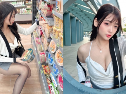 午餐來囉！絲襪正妹「露露咪」親送泡麵，「深美乳溝」粉絲都想當她的菜