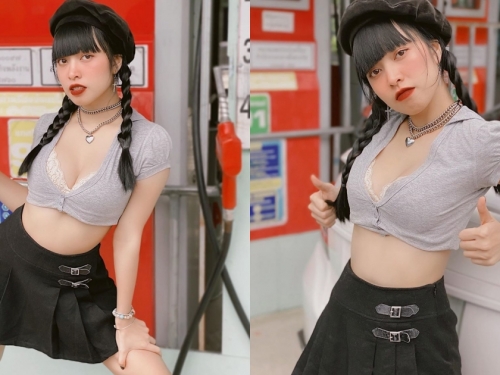 加油站出沒「搞怪奶妹」！短裙爆乳露小蠻腰，手拿油槍要幫你好好加滿！