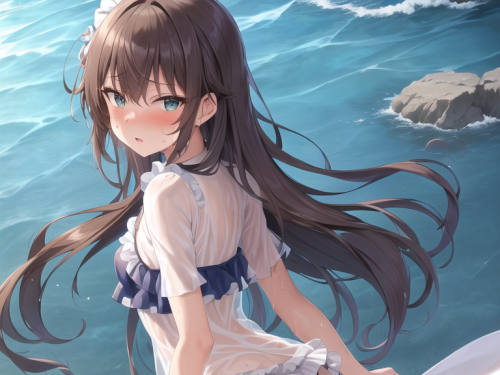 【AIイラストエロ畫像】フリル付きのシースルー水著の茶髪美女