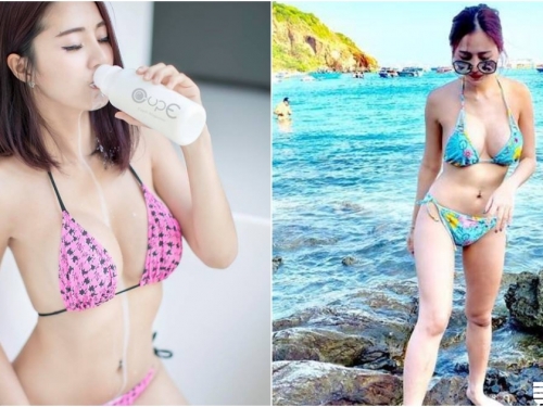 乳香四溢！豐滿大奶妹「鮮奶淋乳」畫面好邪惡！海邊穿比基尼都快「晃出來」了！