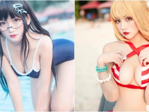 就愛穿泳衣！「巨乳coser美少女」岸邊秀長輩，「渾圓雪奶」擠出全是乳香！