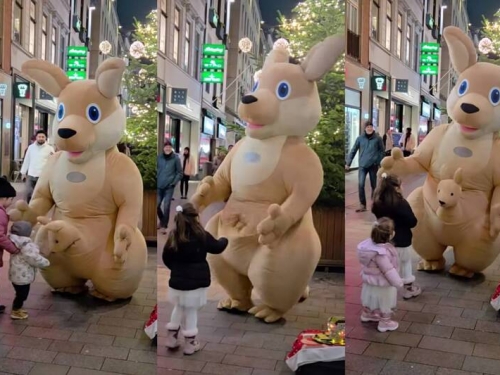 母湯喔！「袋鼠親子」現身街頭與民眾互動 全網一看影片壞笑