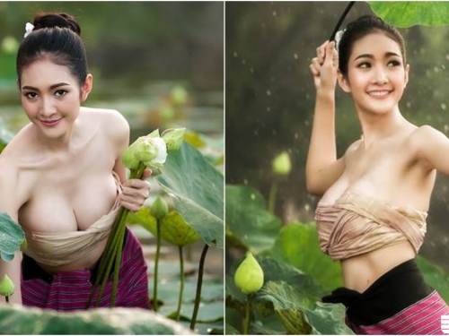 花池中「大奶採蓮妹」濕身泡水裡！身上一條布也綁不住「渾圓豪乳」！