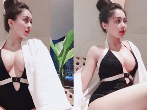 大奶妹子乳量太滿深V泳衣快要「Hold不住」！完美水滴形狀全都出來見客！