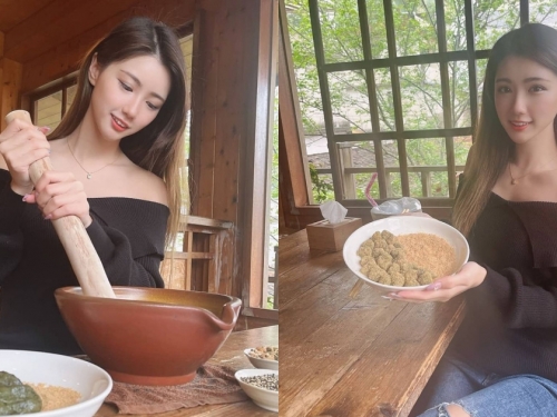 「氣質正妹」客家擂茶體驗，一字領秀「白嫩香肩」，衣領下暗藏兩球雪白麻糬！