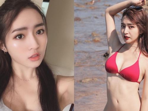 童顏妹妹系女孩「婕」今年20歲！海邊桃紅色比基尼「襯托雪乳」浪漫又可愛！