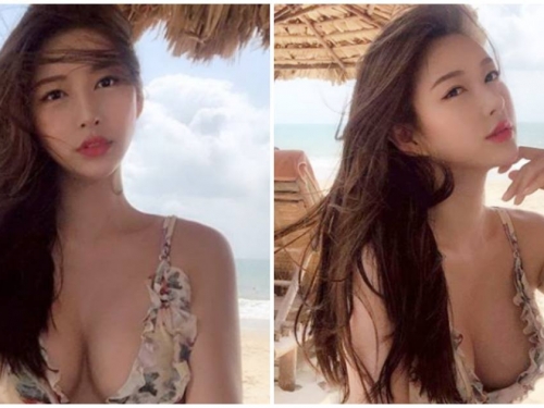 好優質！正妹度假穿上「性感深V裝」，飽滿美乳大方放送！