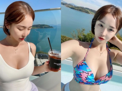 海景區遇到「火辣巨乳奶妹」，小背心下的乳量太不容忽視！