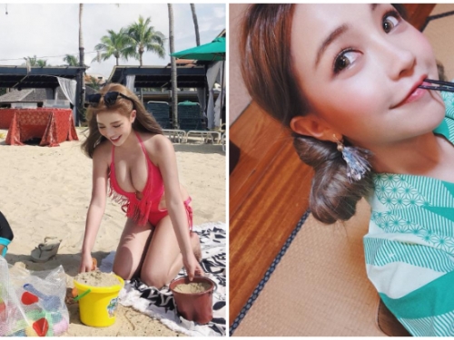 底迪你在看哪裡！激正「爆乳正妹」彎腰玩沙，不只弟弟連老爸也看傻了眼！