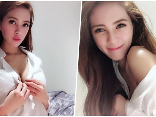 美乳正妹「伸手解扣」！「深溝微露」襯衫下隱藏「優質好胸」！