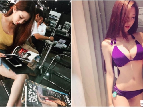 看車驚見「長腿大奶妹」！沒想到衣服下「身材超火辣」！比基尼下都快爆出來啦！