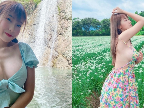 花海裡驚見「巨乳洋裝妹」Vina！「白嫩側乳」露出半邊，空氣裡都是奶香！