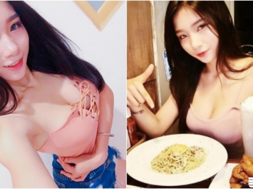 愛吃鬼「大奶妹子」參上！低胸背心「雪白美乳爆出」！整頓飯更好吃啦！