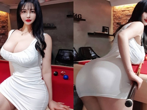 巨乳豐臀正妹「彎腰打撞球」，貼身爆乳洋裝快走光，對手根本無法專心啊！