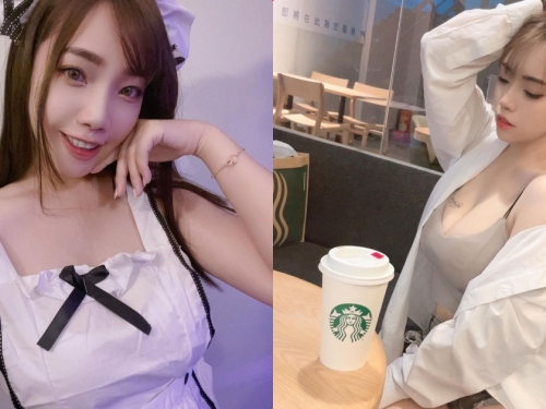 喝星巴克的低胸裝正妹「葆葆」，「細長美腿」電暈客人了！